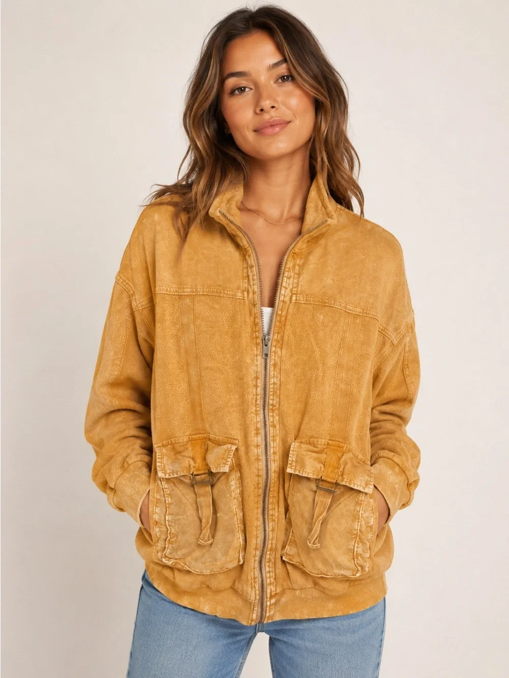 Forever 21 Mustard Yellow Faux Suede Lightweight Jacket‎ With Front Pockets Zip